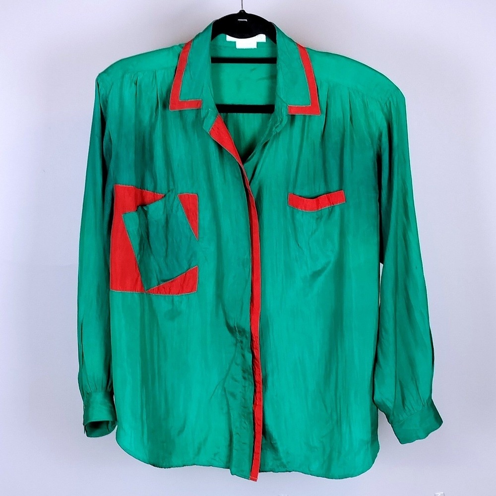 80s Nemus Silk Colorblock Button Down Shirt Green Red Womens 4